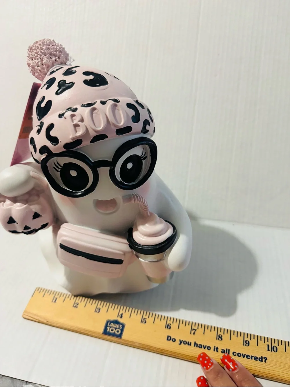 Ghost Halloween Decor with Leopard Beanie, Glasses, Pumpkin & Drink bnwt